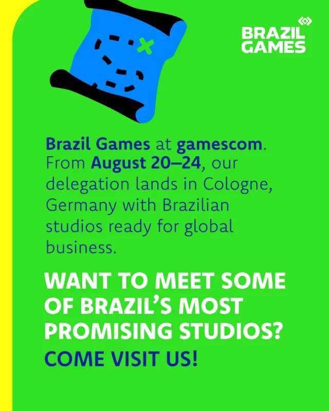 Stay tuned!
Follow us on social media for the latest updates on our participation at gamescom Cologne, Germany. We’ll soon announce the studios joining Brazil Games at the event, plus booth activities, special activations, games, and more. Don’t miss it!

#brazilgames #abragames #apexbrasil #gamescom #gamescomgemany #braziliandelegation #gamesindustry