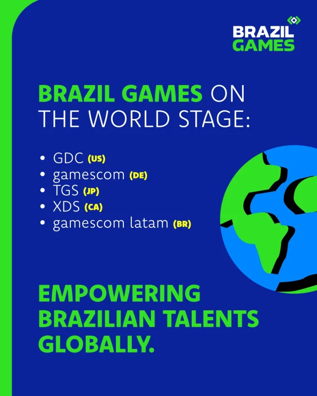 Brazil Games' goal is to promote Brazilian studios internationally, supporting its members at events around the world.
Want to learn more about our actions, studios, and future plans? We've already covered GDC and gamescom latam — and next up are gamescom in Germany, Tokyo Game Show, and XDS in Canada.
Visit our website: brazilgames.org.

#BrazilGames #IndieGames #GameBusiness #GameIndustry #InvestInGames #GlobalGames #GameDevBrazil #MeetBrazilGames #CreativeEconomy #GamingTalent #BusinessInGames #MadeInBrazil #apexbrasil #abragames