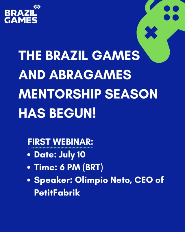 Brazil Games and Abragames have resumed their mentorship series — a valuable opportunity for both emerging and established studios.

The first session of the new season will take place on July 10 at 6 PM (BRT). Olimpio Neto, CEO of PetitFabrik, will share insights on “How Participating in Industry Events Can Transform Your Studio’s Journey.”

Don’t miss out on this opportunity!
Sign up now — link in our Stories and Highlights. #brazilgames #abragames #apexbrasil #mentorship #gamesindustry